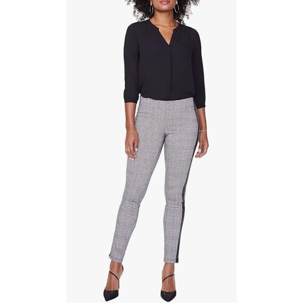 NYDJ Ami Skinny Legging 14 Grey Glen Plaid Tuxedo Stripe Faux Leather Trim Pants